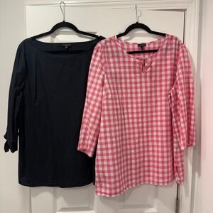 2 Talbots Womens XL Tops Gingham Tie Neck 3/4 Sleeve Cotton Pink Casual‎ Black